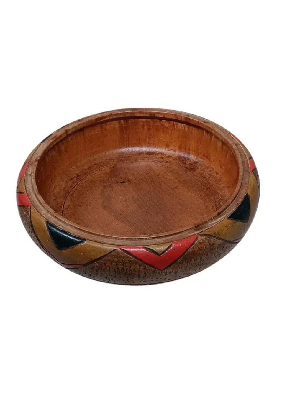 Primitive Ethnic Hand Carved Hand Painted Wooden Bowl Geometric Triangular 6.5